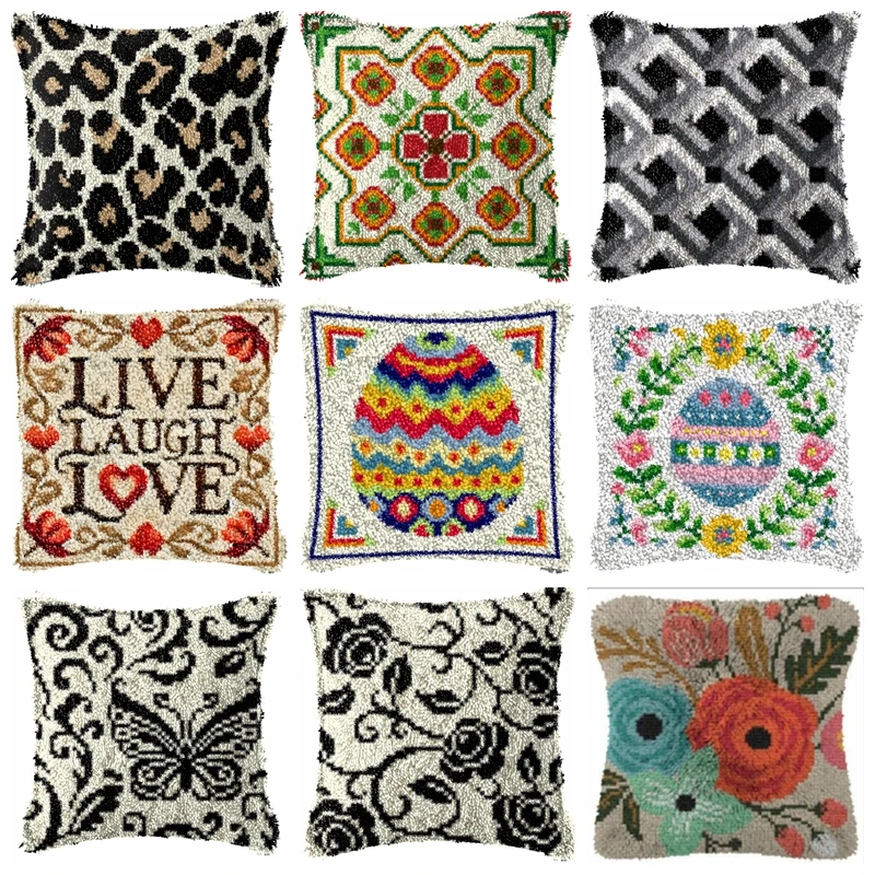 New Retro Plaid Datura Flower Latch Hook Pillow Coarse Wool Hand Knitted Cross Stitch Latch Hook Kit Grid Embroidery Kruissteek