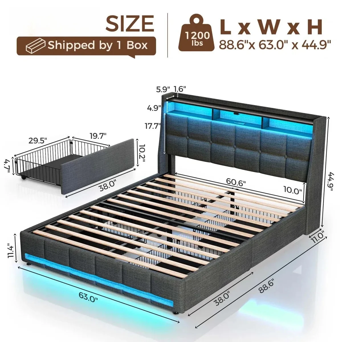 Modern Luxury Design Storage Upholstered Platform Bed with LED Lights 4 Drawers with Large Storage Space for Easy Assembly