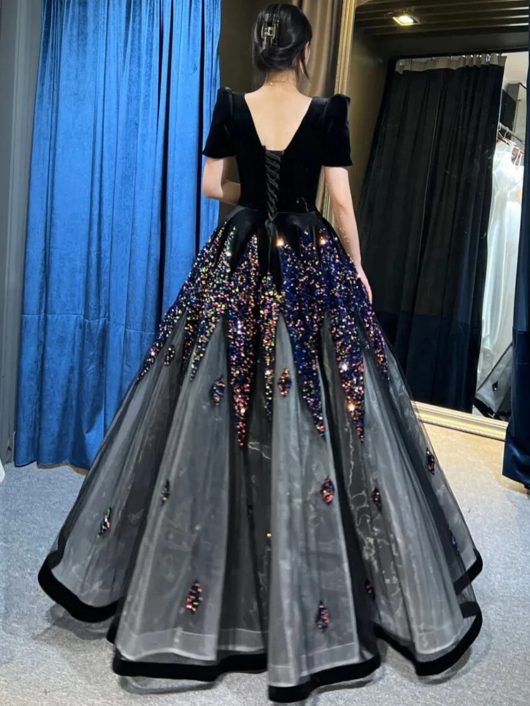 Customized  Black Evening Dress Puff Sleeve A-line V-neck Sequins Sparkling Elegant Formal Gowns for Women Vestidos De Noche