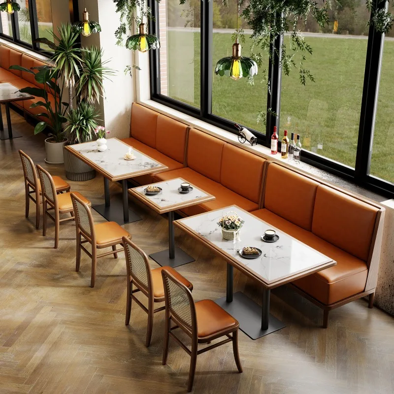 

Solid wood card seat sofa table and chair combination, cafe tea restaurant, solid wood table and chair
