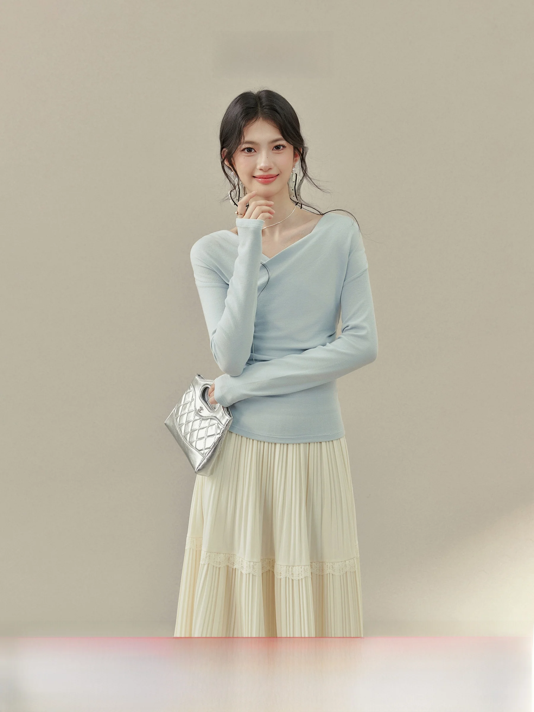 

Blue Long Sleeve T-Shirt Women's Casual Style Slim Fit Base Layer Top Design Sensation Spring Early Autumn plus Size Clothes
