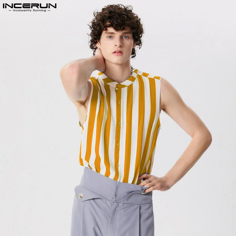 2024 Men\'s Striped Shirt Stand Collar Sleeveless Button Streetwear Men Clothing Summer Fashion Casual Camisas S-5XL INCERUN