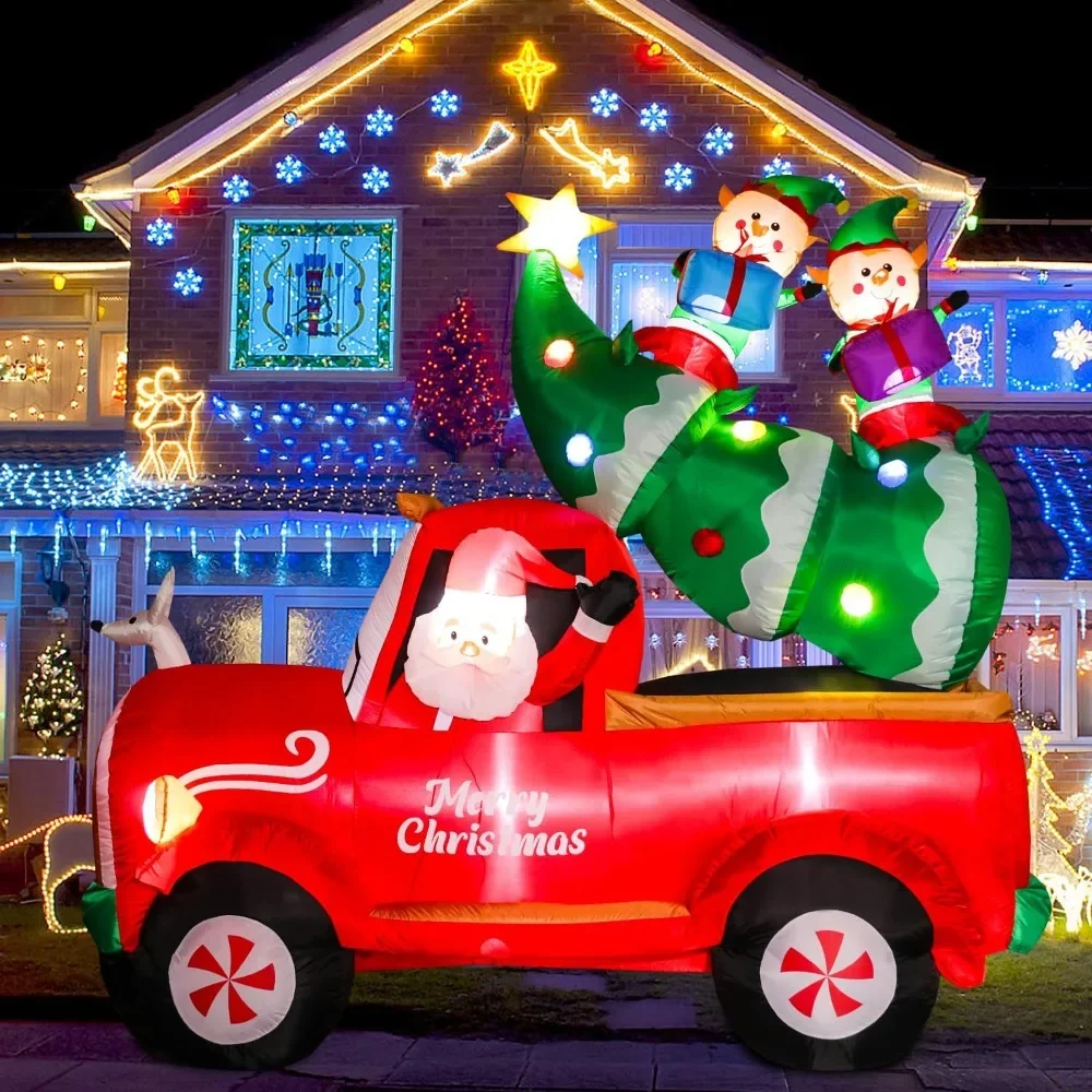 

8 FT Christmas Inflatables Yard Decorations, Blow Up Santa on Red Truck with Christmas Tree and Elfs,