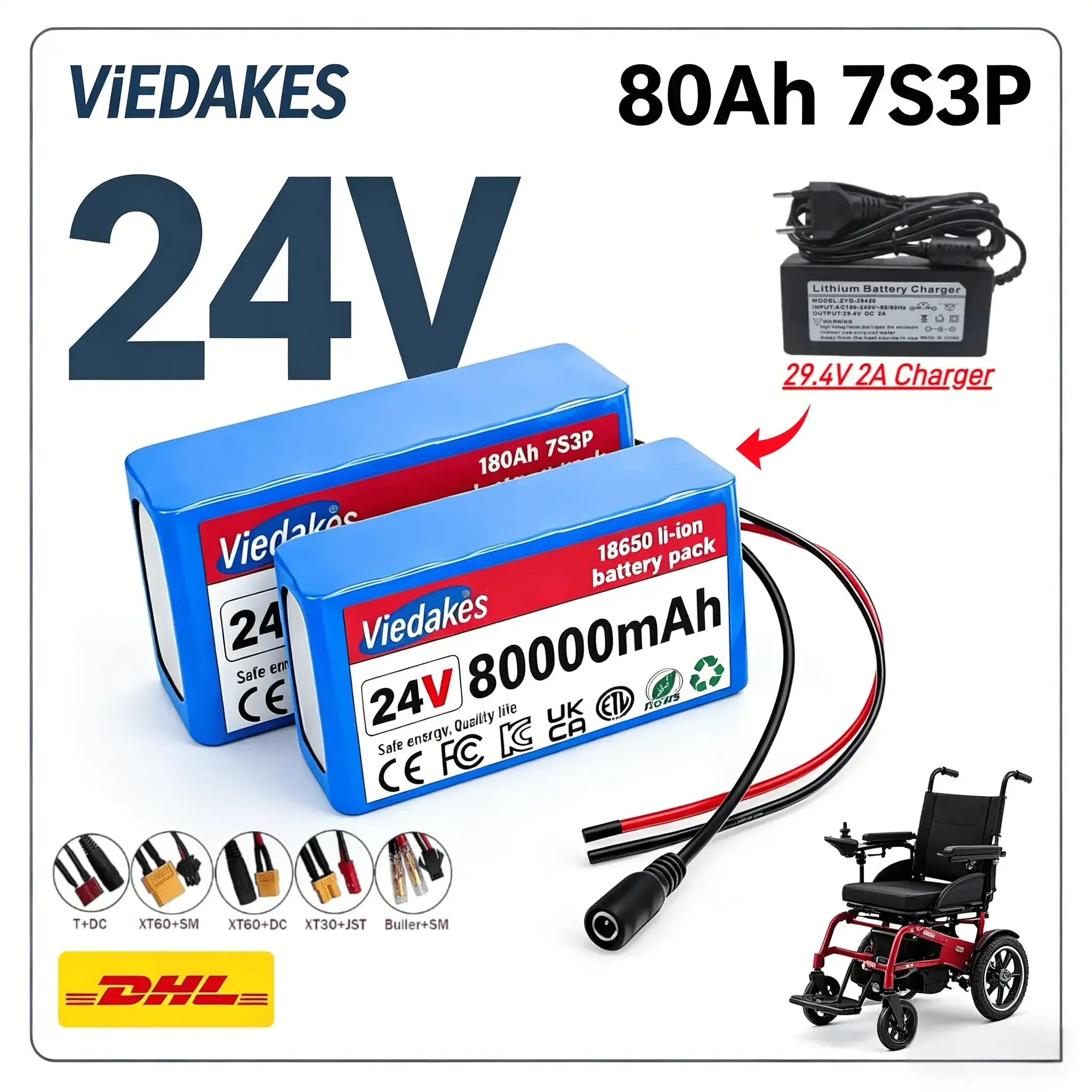 

✈️24V 7S3P 80Ah Rechargeable Li-ion Battery Set, Equipped with 29.4V 2A Charger for Commute Scooter