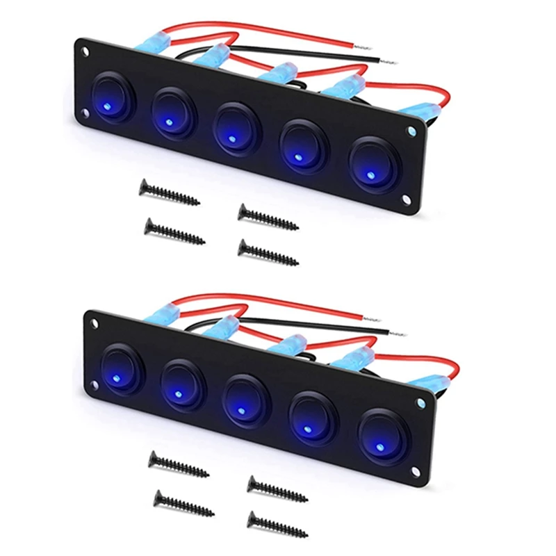 2X 5 Gang Round Dash Rocker Toggle Switch Panel Waterproof 12-24V LED For RV Ship Yacht Marine Car Marine Ship Blue