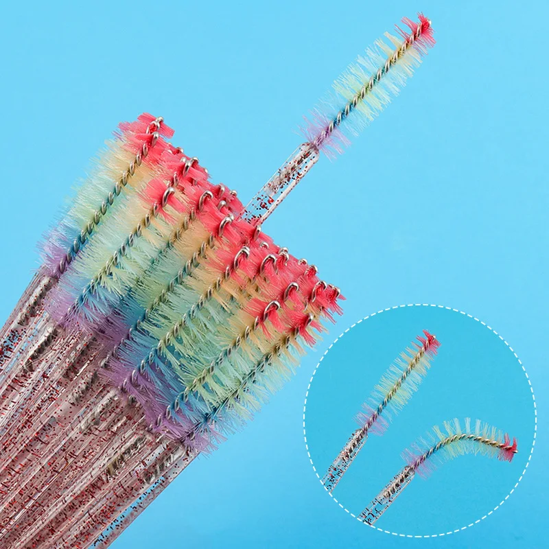 50 Stück Regenbogen-Glitzer-Mascara-Zauberstäbe, rosa Wimpernbürsten, Spulen, bunte Einweg-Mascara-Zauberstäbe für Wimpernverlängerungen