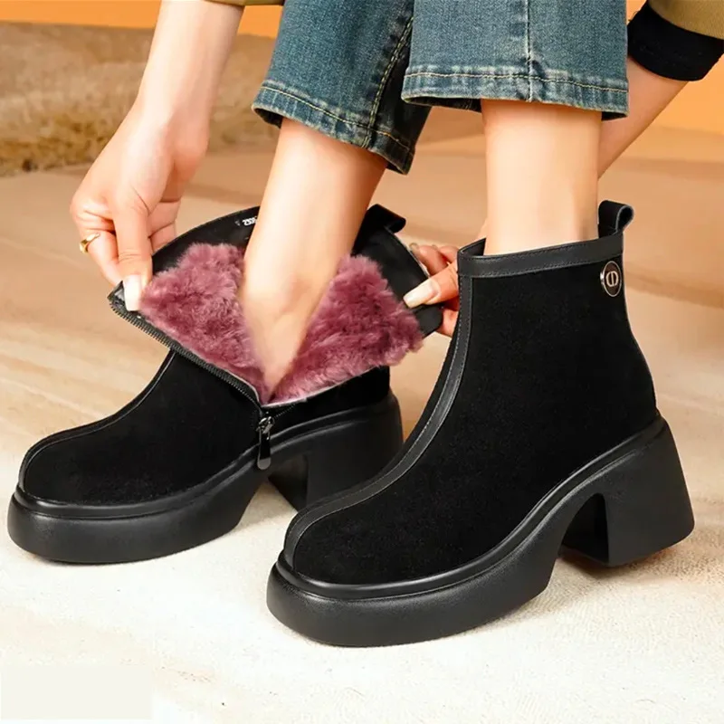 

2026 New Women's Short boots Genuine Leather Chunky Heel High Heel Boots female Large Size Pointed Toe Women Ankle Boots