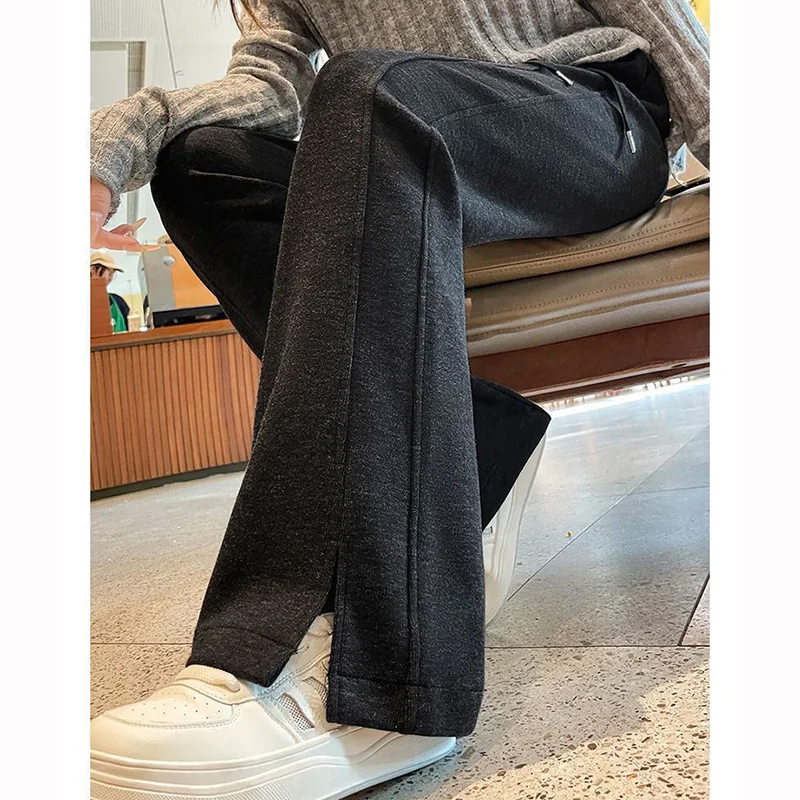 2025 أنثى عالية الخصر فضفاض رقيقة Sweatpants سيدة الكلاسيكية الصلبة جرس أسفل بنطلون المرأة موضة عادية مستقيم الساق السراويل