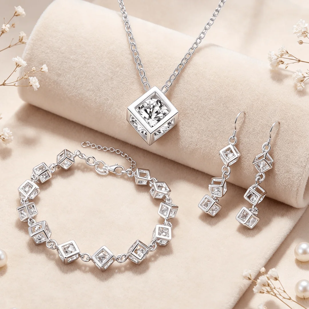 925 Sterling Silver Custom Crystal Square Necklaces Bracelet Earring Women Fashion Jewelry Sets Hip-hop Accessories