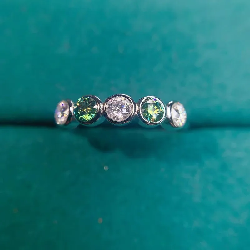 

YULEM 100% 925 Sterling Silver 3MM White and Green Moissanite Band Rings for Women D Color Diamond Wedding Fine Jewelry