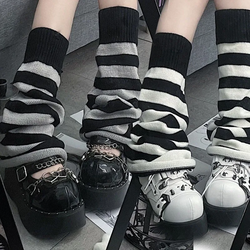 

Gothic Knitted Leg Warmer Academia Stripe Loose Fit Leg Sock Fashion Girls Calf Harajuku Student Flared Knitted Leg Warmers