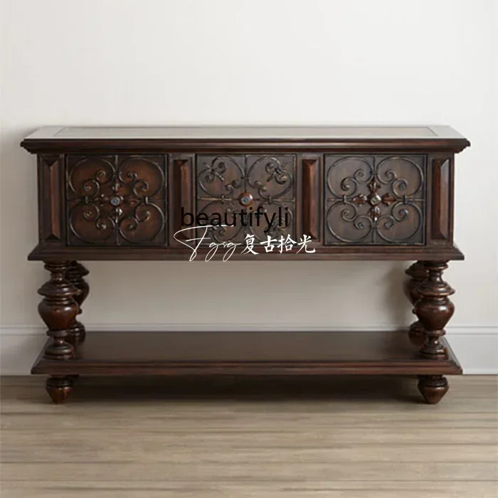 

A57 Retro, American retro carved solid wood porch cabinet, living room against the wall storage and dining side cabinet