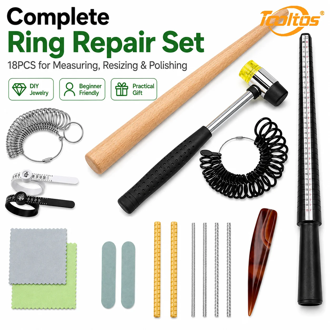 TOOLTOS 18PCS Ring Sizing Tool Kit Jewelry Repair Set US 0-13 Mandrel Gauge Rubber Hammer Ring Sizer Belts Adjusters Agate Polishing Tools
