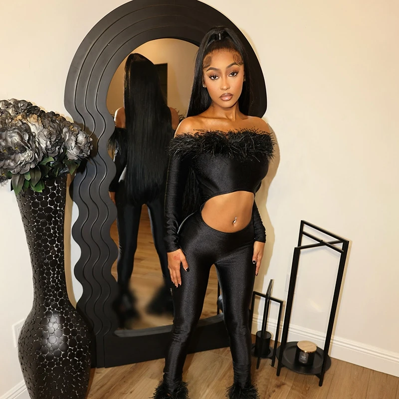 Fur Black Jumpsuits Overalls For Woman Long Sleeve Off Shoulder One Piece Jumpsuit Women Holow Y2k Clothing Nightclub Outfits