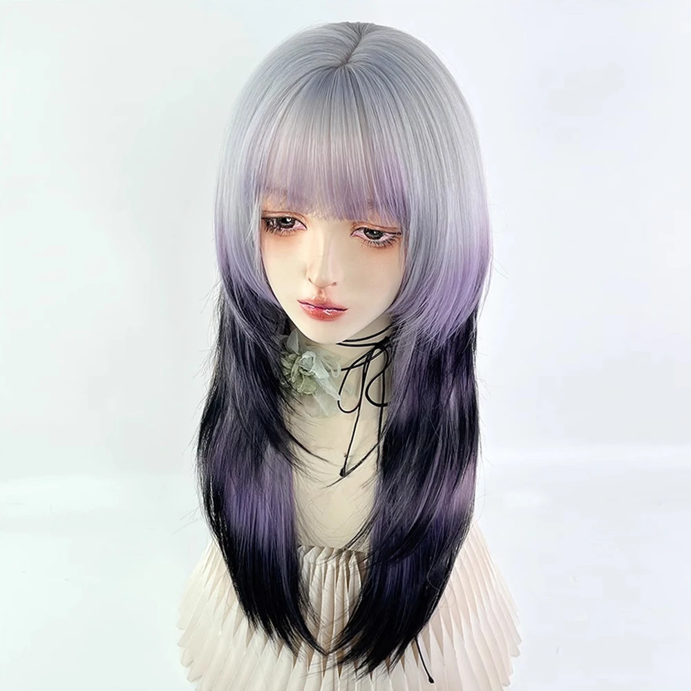 Synthetic Long Straight Grey Ombre Purple Black Jellyfish Head Wig Fluffy Lolita Cosplay Women Wig for Daily Party