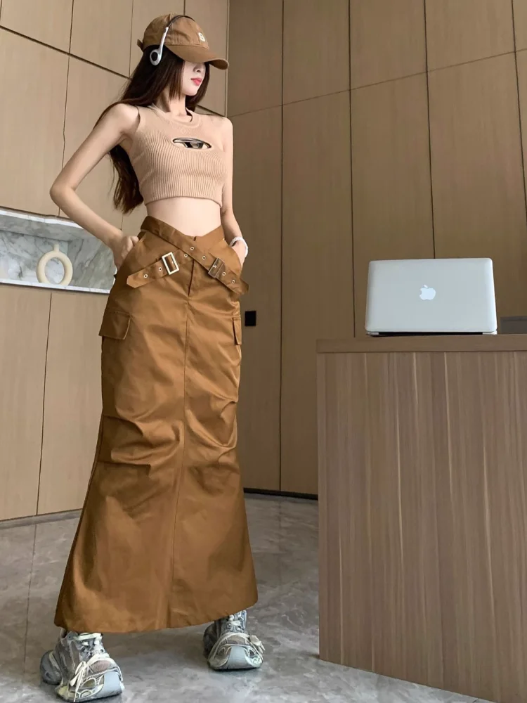 High Quality Cross Belt Cargo Skirt Woman 2024 Fashion Split Long Skirt Y2k Streetwear Solid Color Goth Skirt Women Clothing