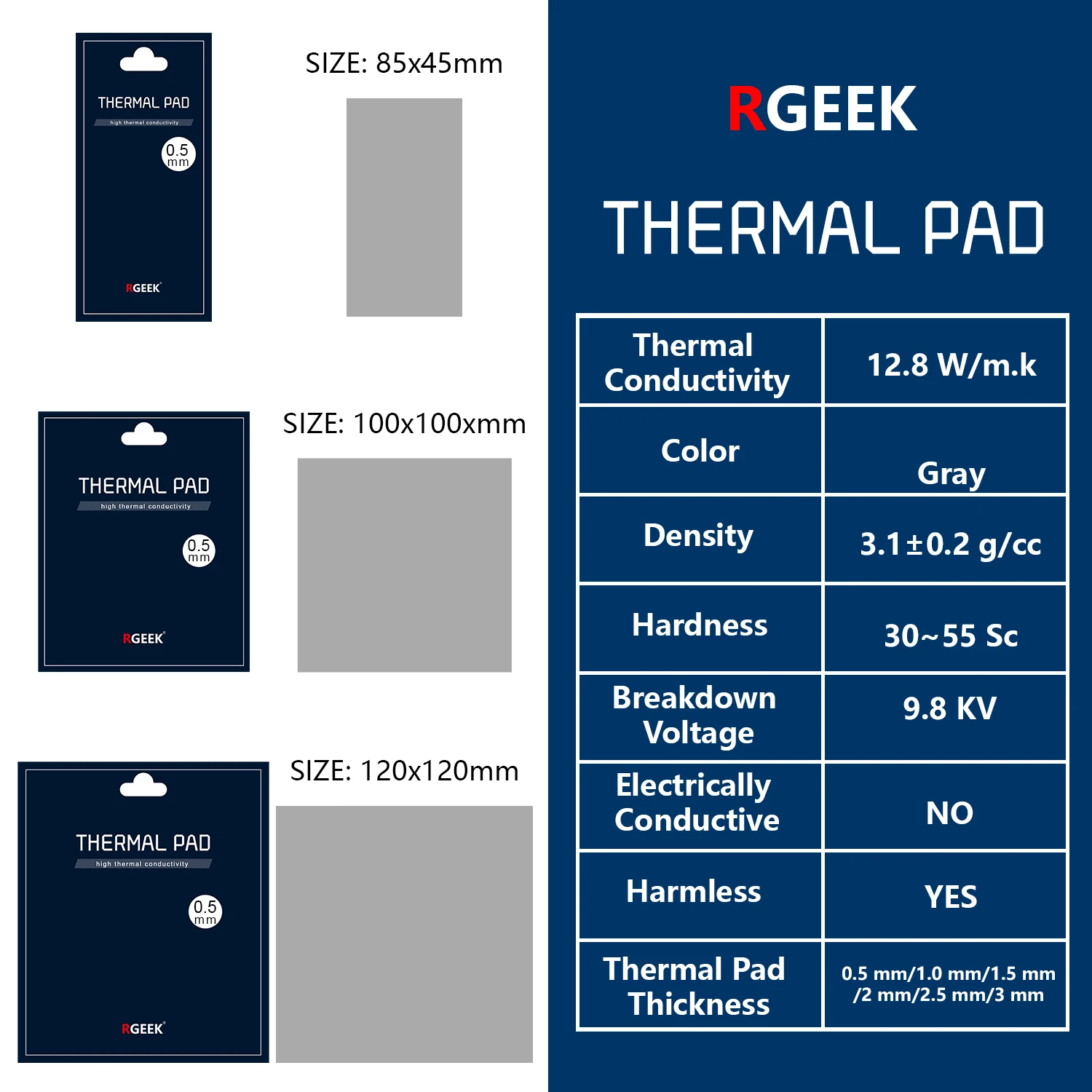 Wärmeleitpads 12,8 W/mK, 85x45x1mm, Silikon Thermal Pad für Kühlkörper/GPU/ CPU/LED-Kühler