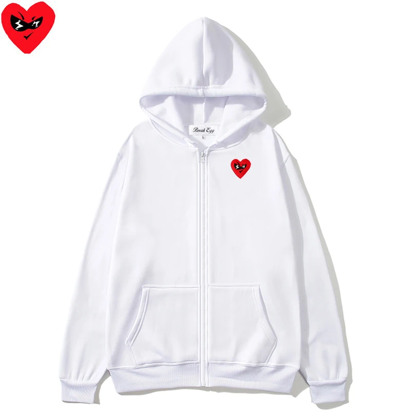 Break Egg Men Women Zipper Hoodie Polyester Red Cute Glasses Heart Embroidery Pocket Loose Thin Casual Spring Autumn Sweater