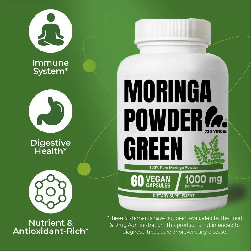 Moringa Capsules, 1000mg, 20:1 Pure Moringa Leaf Powder, Digestive and Immune Supporting Green Superfood