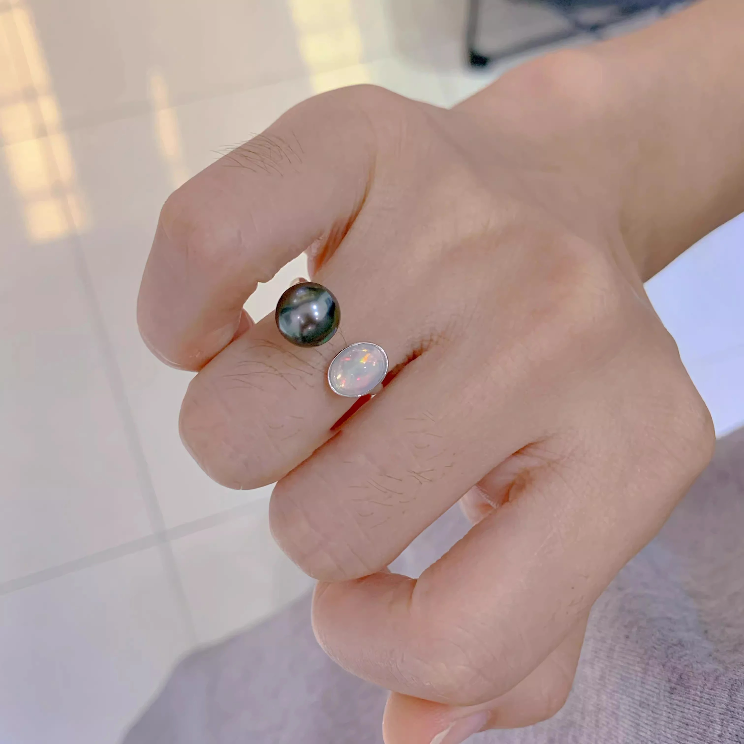 MeiBaPJ 9-10mm Natural Round Freshwater Pearl Fashion Opal Ring 925 Sterling Silver Fine Wedding Jewelry for Women