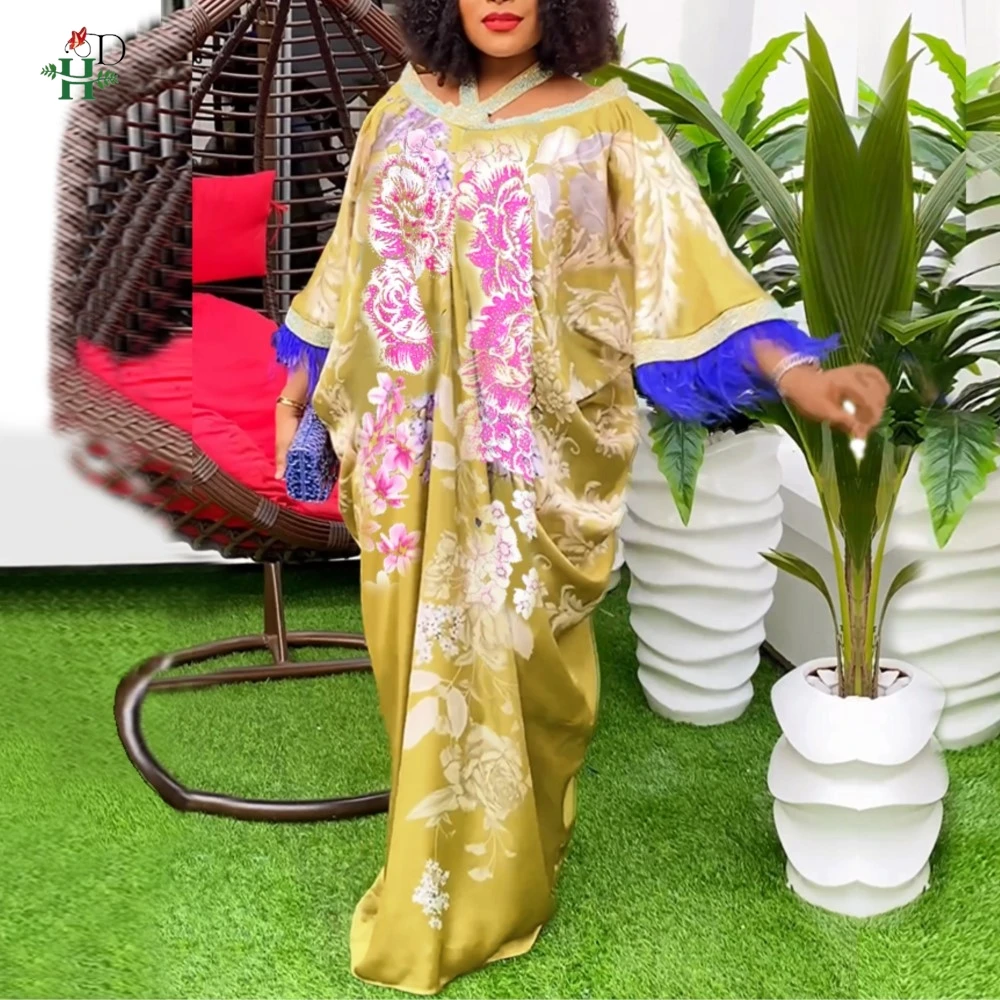 

2026 New African Plus Size Kaftan Dress Flower Printed Loose-Fit Wedding Party Djellaba Gown Turkey Dress luxury elegant 2024