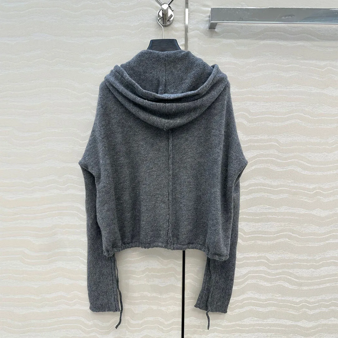 

High Quality 70% Wool & 30% Cashmere Gray Color Soft Knitted Cardigan Women Hooded Zipper Long Sleeve Loose Casual Short Sweater
