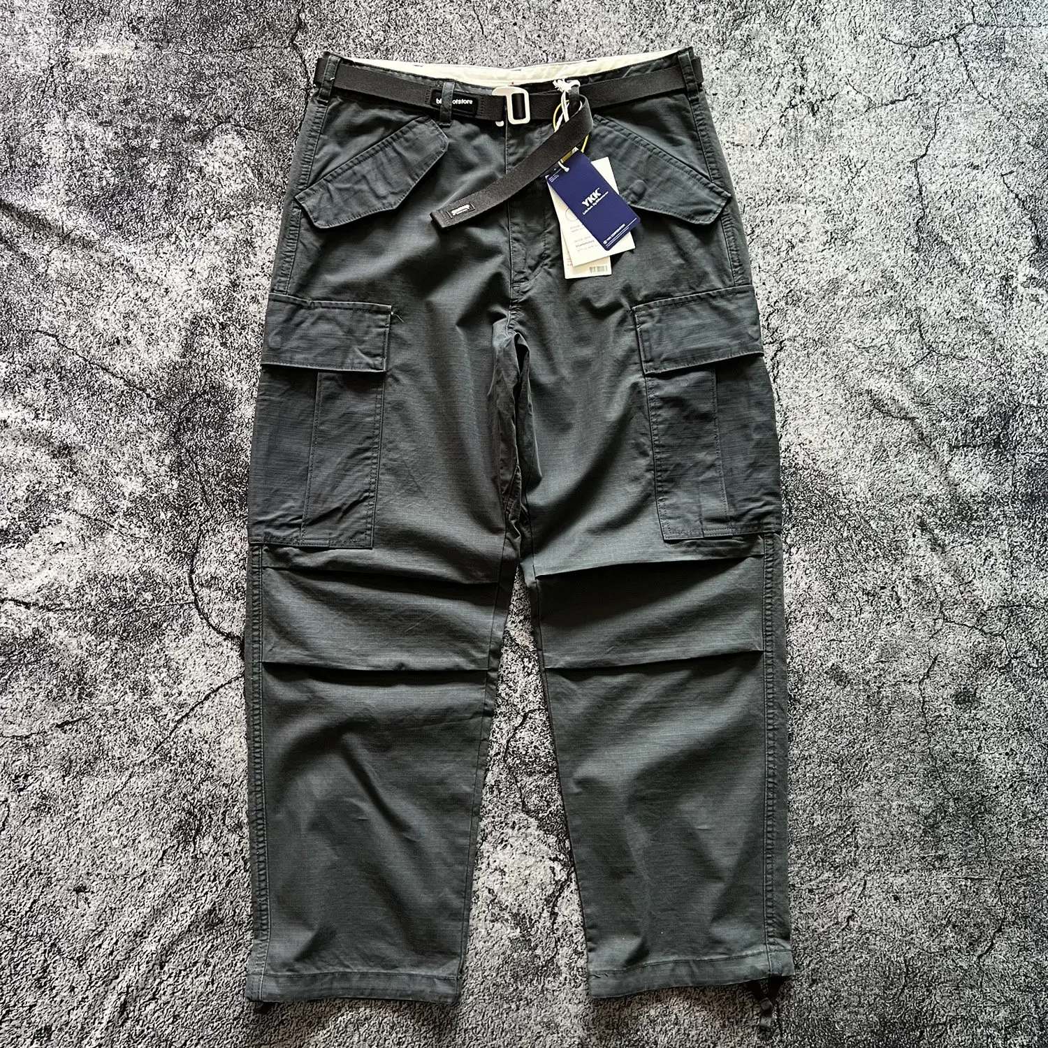 American Retro Crosshatch Pattern 100% Cotton Scratch-Resistant Multi-Pocket Belted Cargo Pants with Drawstring Adjustable Cuff