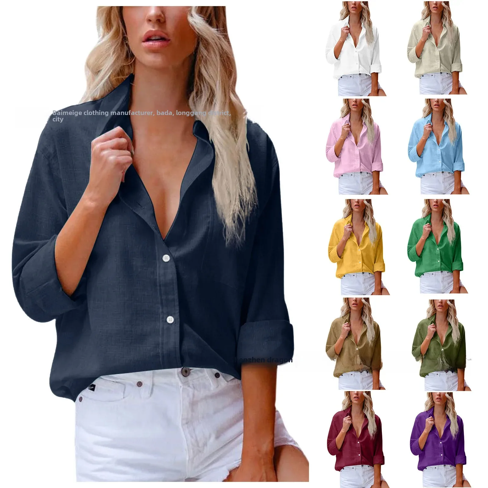2023 Amazon New Export Single-breasted Lapel Pure Color Long-sleeved Cotton and Linen Loose Shirt for Women with High Design image 2