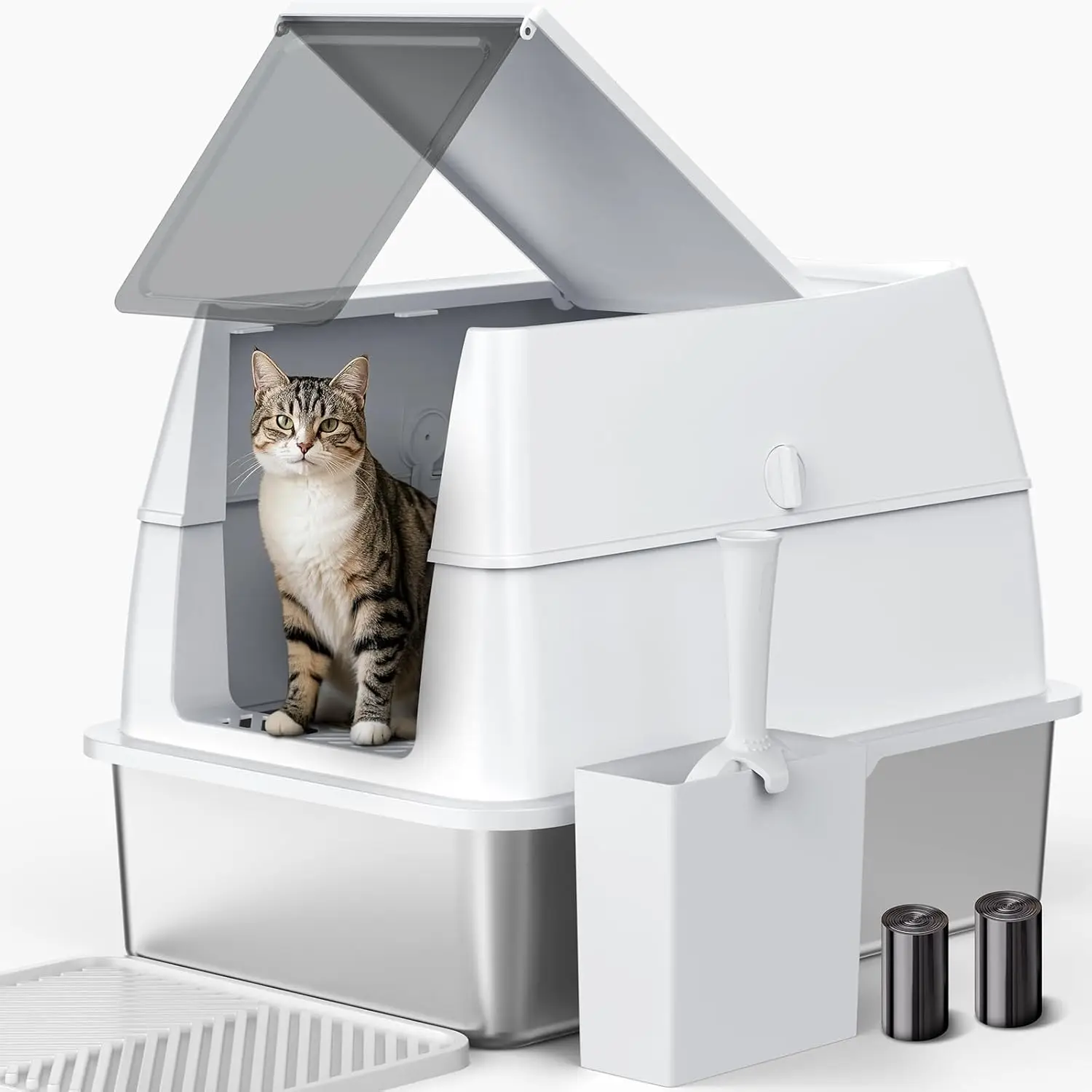 

Extra Large Stainless Steel Cat Litter Box with Lid, High Sides Anti-Leak Design, Includes Scoop Set for Easy Cleaning