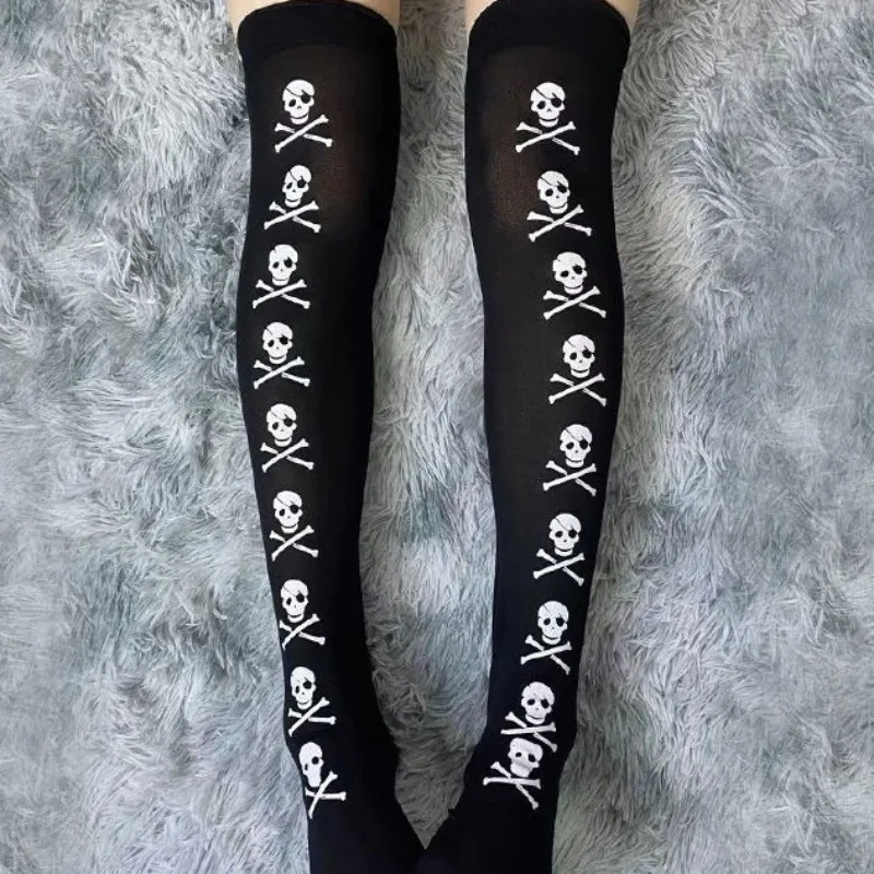 Gothic Cosplay Skull Print Fashionable Street Wear Y2K Style Retro Harajuku White Punk Knee High Socks Retro 2000s Emo Girl view 5