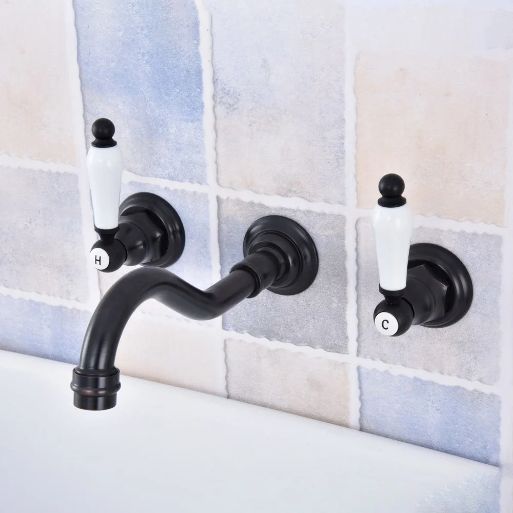 

Black Oil Rubbed Brass Double Ceramic Handles Wall Mounted 3 Holes Bathroom Tub Sink Faucet Mixer Tap asf495