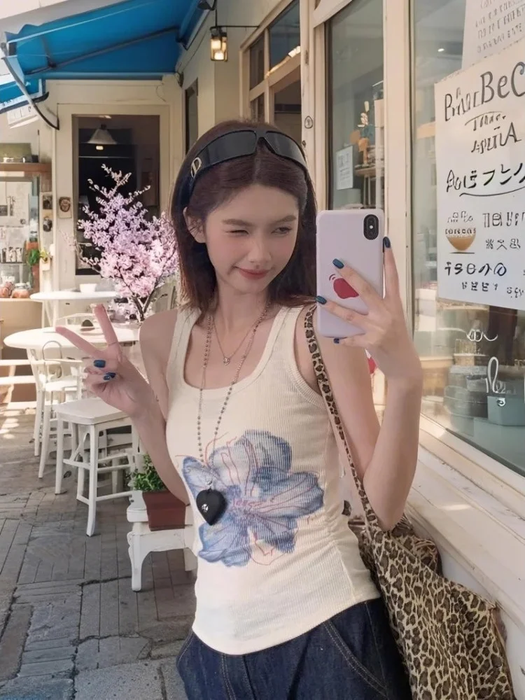 American Style Unique Slim Fit Modal Floral Print Camisole Top Women Summer Chic Atmosphere Feeling Short Length Sleeveless Vest