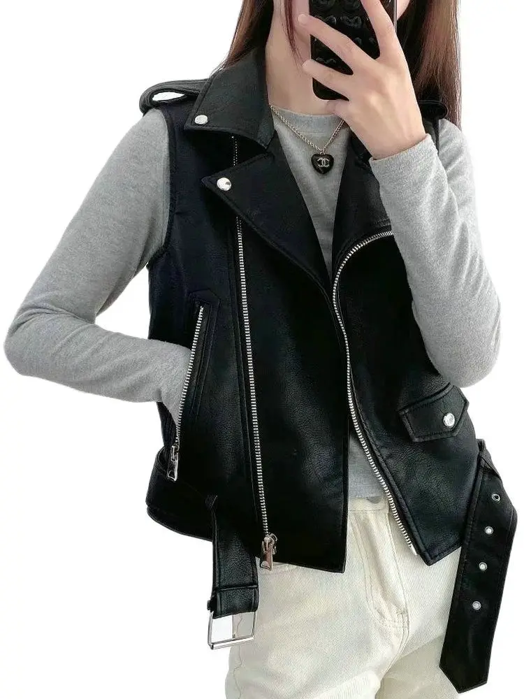 2023 Women Motorcycle High Quality Solid Black Faux Leather Waistcoats Belt Female Street Zipper PU Sleeveless Jacket Vests Tops