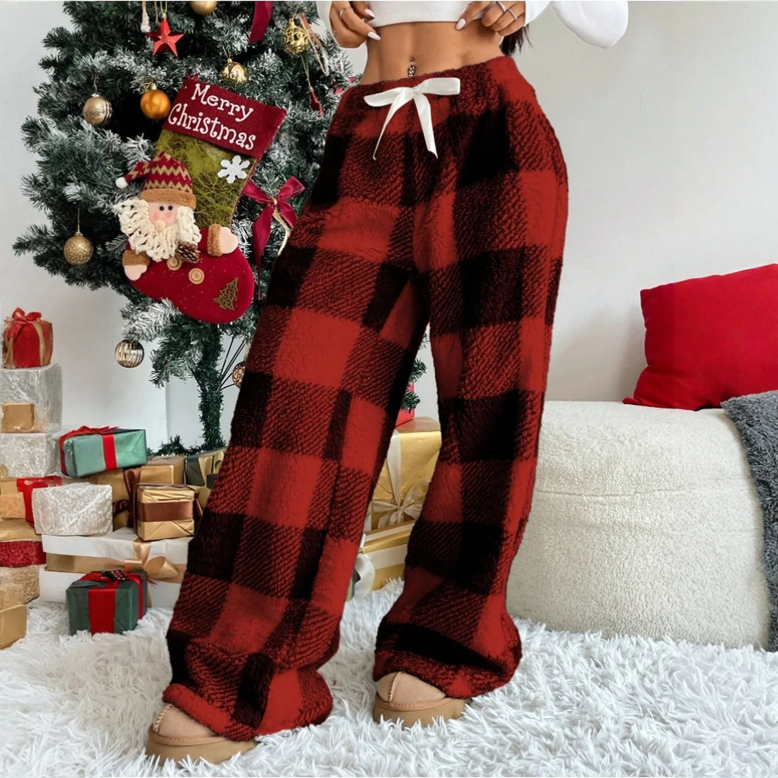 Women's Fashionable Fall and Winter Thicken Loose Elastic Drawstring Plush Checked Long Pants Comforable Casual Trousers 5