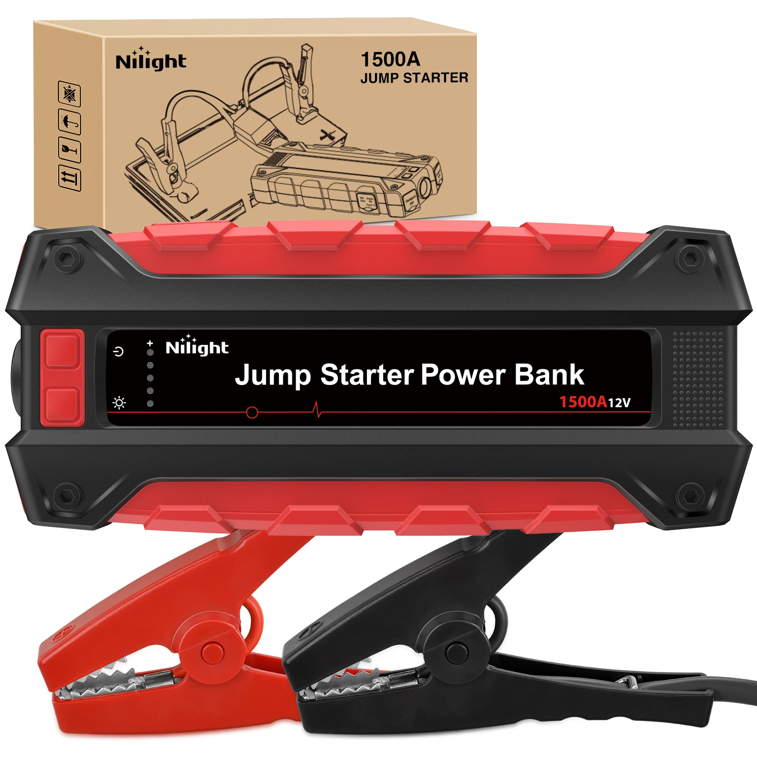 

Nilight 1500A Car Battery Jump Starter for Up to 7.0L Gas & 5.5L Diesel Engines 12V Portable Jump Start Booster Pack Jump Box with Jumper Cables DC Output and LED Light