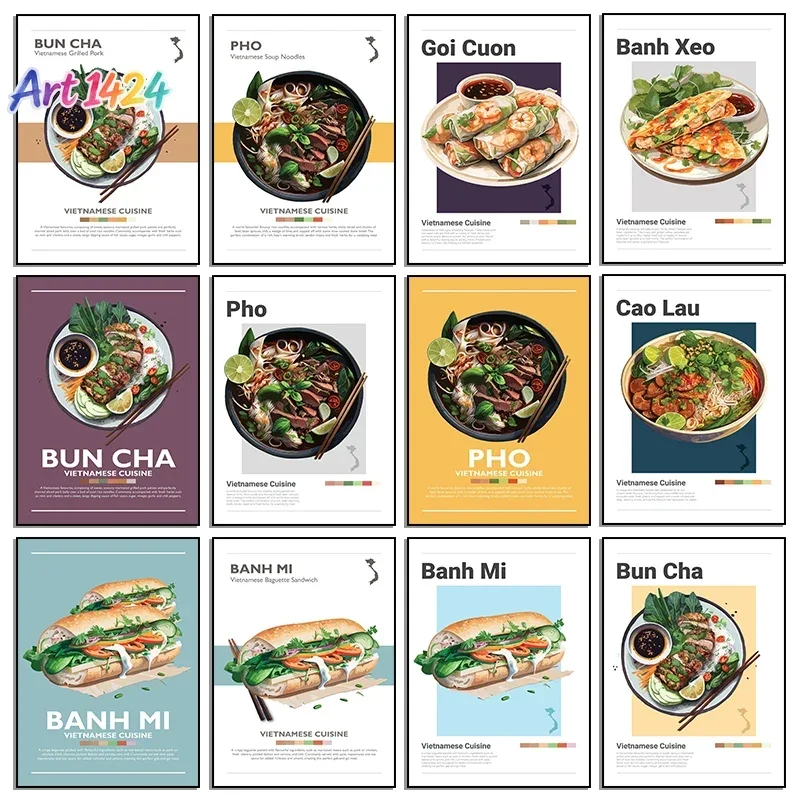 Minimalist Vietnamese Food Poster Banh Mi Bun Cha Goi Cuon Banh Xeo Cao Lau Canvas Painting Wall Art Picture Kitchen Home Decor
