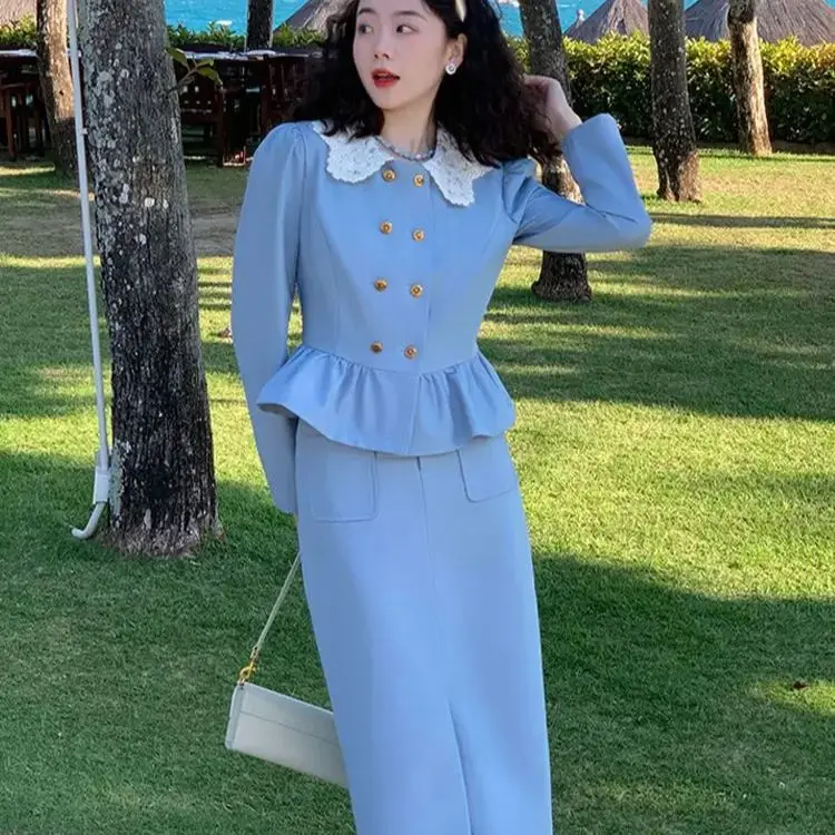 

Skirt Suits French Hepburn Style Retro Women'S Spring Waist Slimming Skirt Lapel Collar Suit Temperament Two-Piece Set