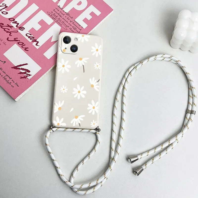 13 Fallen Flowers Lanyard Silicone Phone Case For iPhone 13 12 15 14 11 Pro Max 15 14 Plus X XS XR XSMax 8 7 6 6S Plus Cover