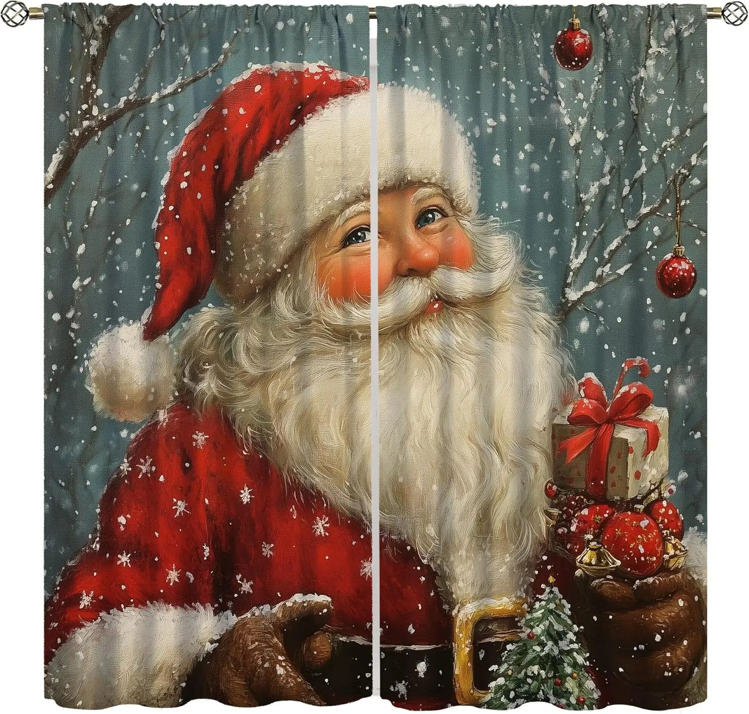 ستائر سانتا العتيقة مع طباعة سانتا اللطيفة، تصميم غابة الثلج الشتوية الريفية، ستائر احتفالية لديكور نافذة غرفة المعيشة