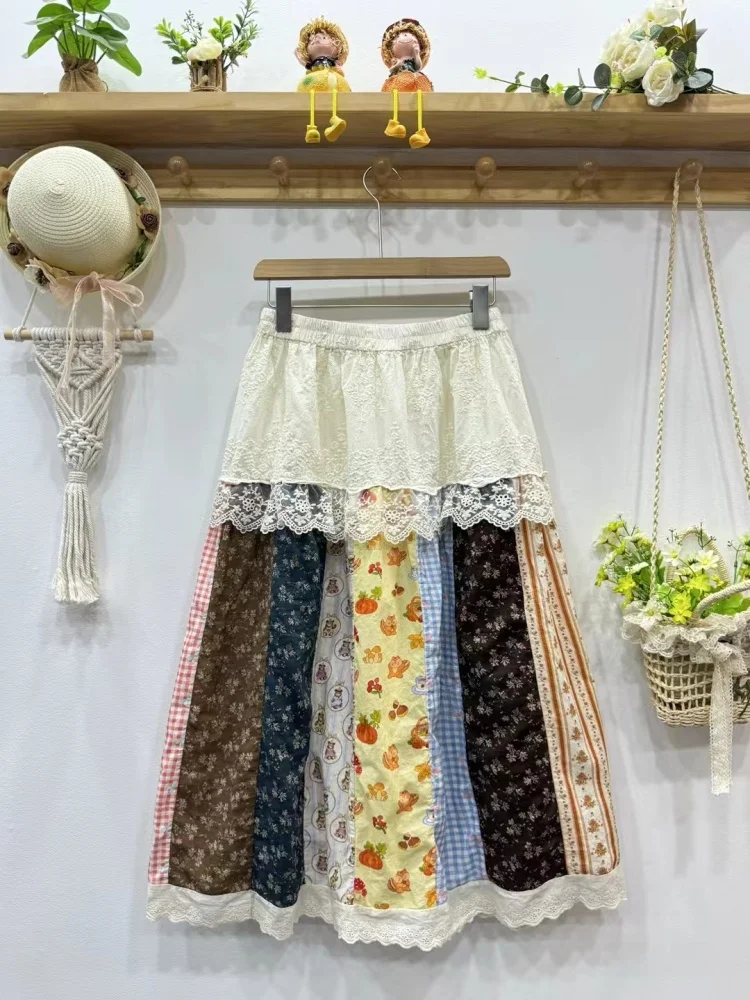 

Ретро-юбка миди А-силуэта с цветочным кружевом, высокой талией, свободного кроя, из хлопка и льна, для женщин
