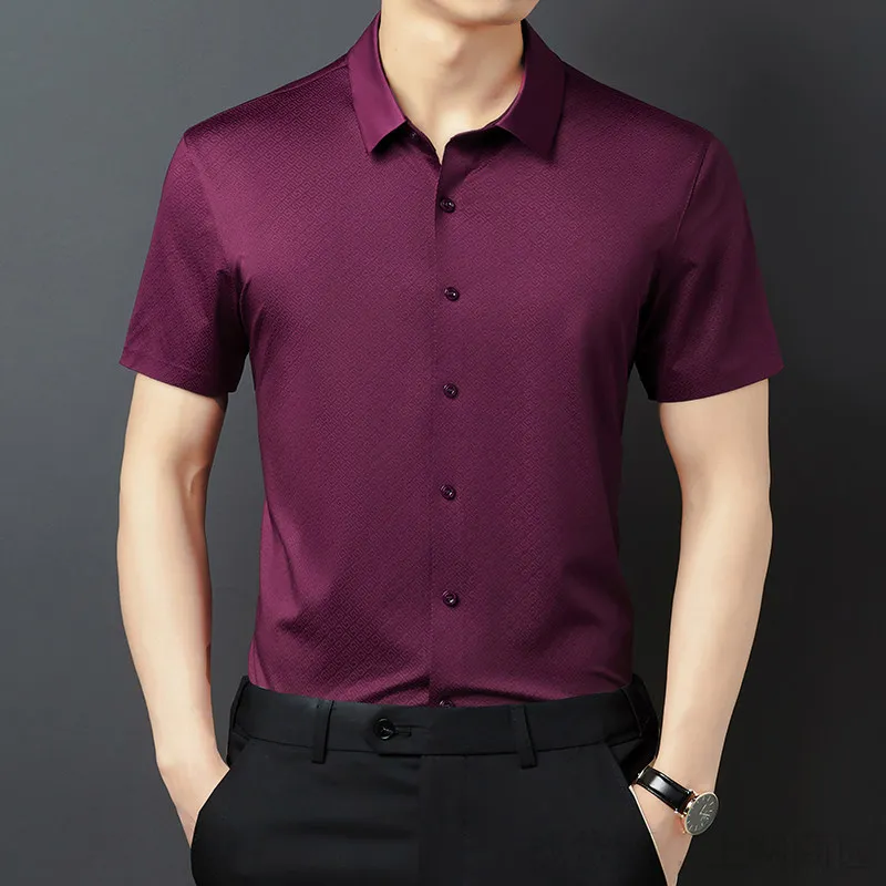 

Burgundy Silk Work Shirts For Mens Smooth Clothing 2022 Summer Blue Elegant Office Wear Husband Blouse Claret Business White Top