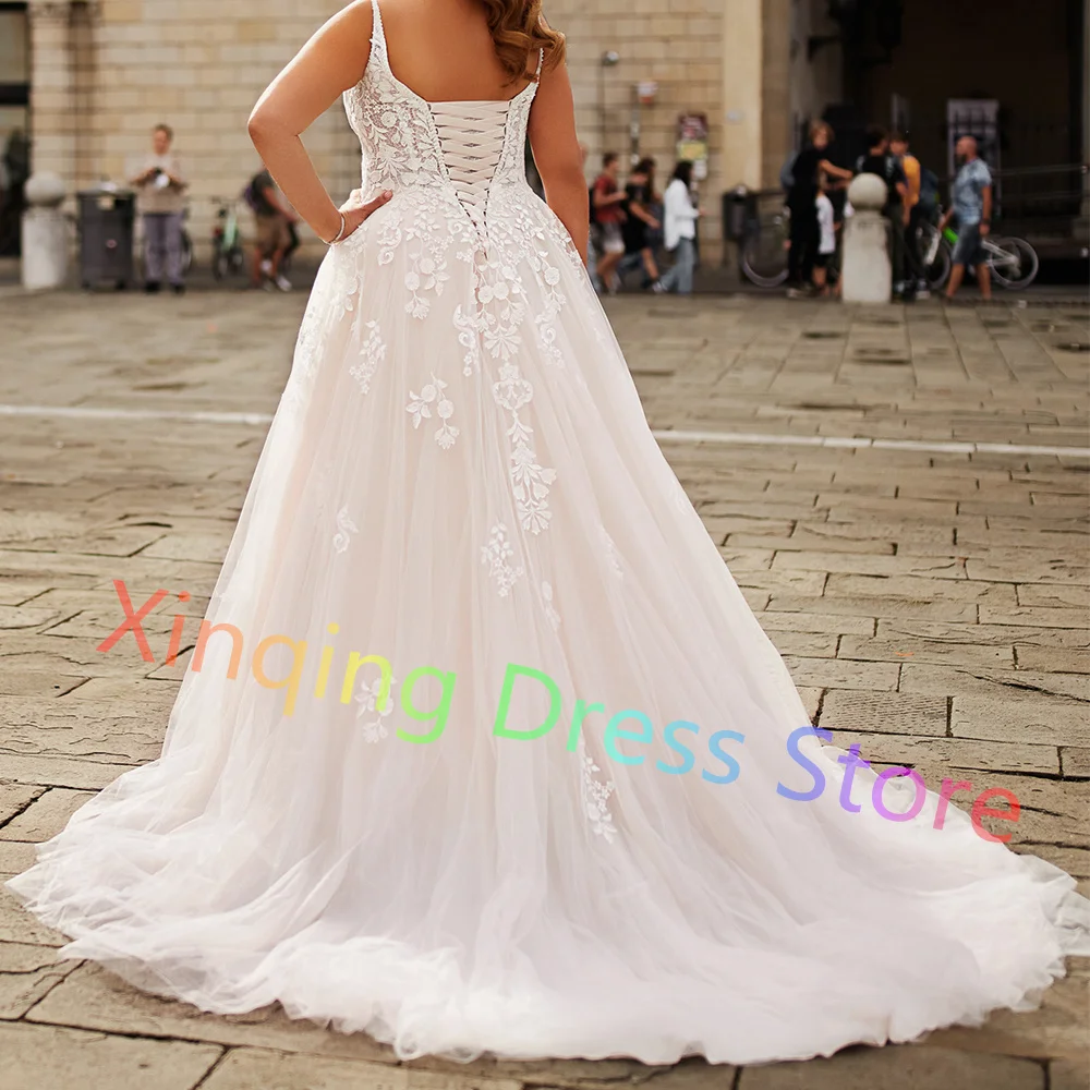 Plus Size Appliques A-line Wedding Dress Woman Sweep Train V-neck Lace Up Back Sleeveless Bridal Gowns Vestido De Novia 2024