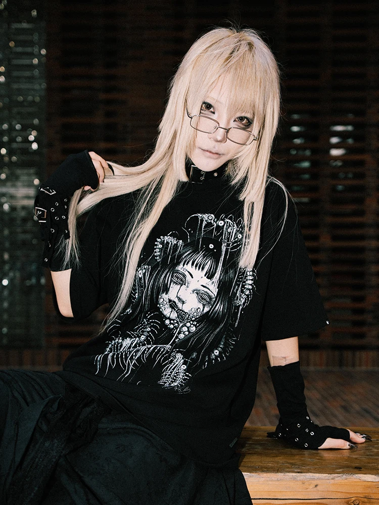 Dark Gothic Princess T-Shirt Double-Headed Swallow Tattoo Artist ARCS Visual Style Cthulhu Y2K Cotton Short Sleeve round Neck