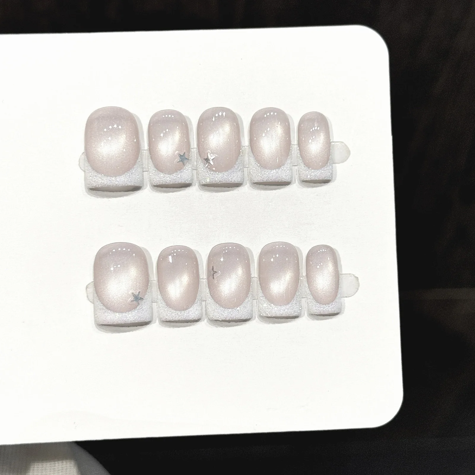 10pcs Handmade Press On Nails Flash Y2k French Aurora Cat Eyes False Nails Women Glitter Silver Star Duckbill Fake Nails Short