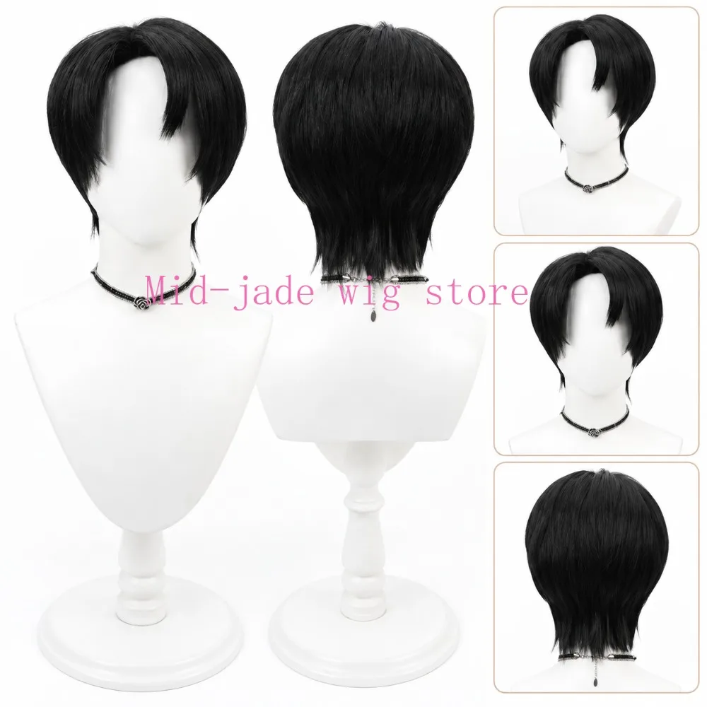 Roland Cosplay Wig Short Black Fluffy Root Heat Resistant Synthetic Hair Character Wig for Formal Suit Stage Performance