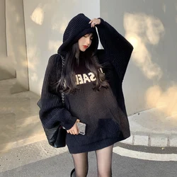 Women's Black Hoodies Pullover Knitted Sweater Vintage Harajuku Casual Y2k 90s Aesthetic Long Sleeve Knit Sweaters 2000s Clothes