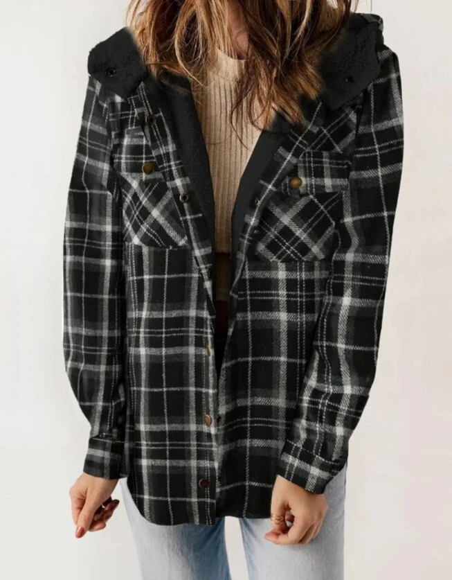 سترة نسائية لخريف وشتاء 2025 ذات مربعات وأكمام طويلة وغطاء للرأس مع جيوب #2