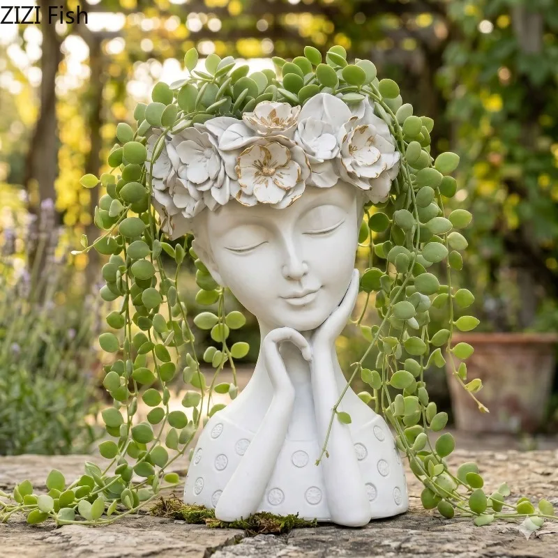 Resin Flower Wreath Girl Flowerpot Plant Pot Flower Arrangement Potted Plant Human Head Succulent Pot Ornament Gardening Pots
