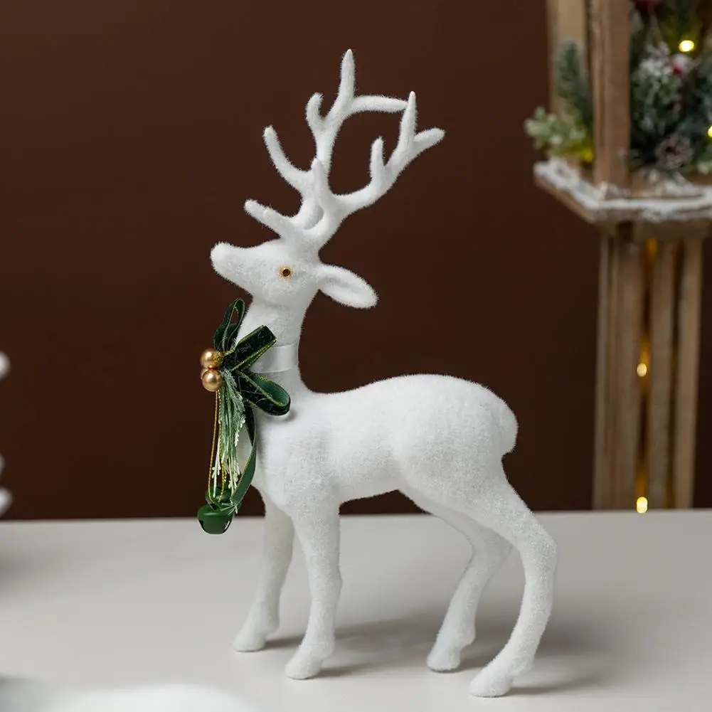 Decorative Window Display Accents White Flocked Elk Ornament with Ribbon Bell 3d Standing Deer Figurine Holiday Home Decor