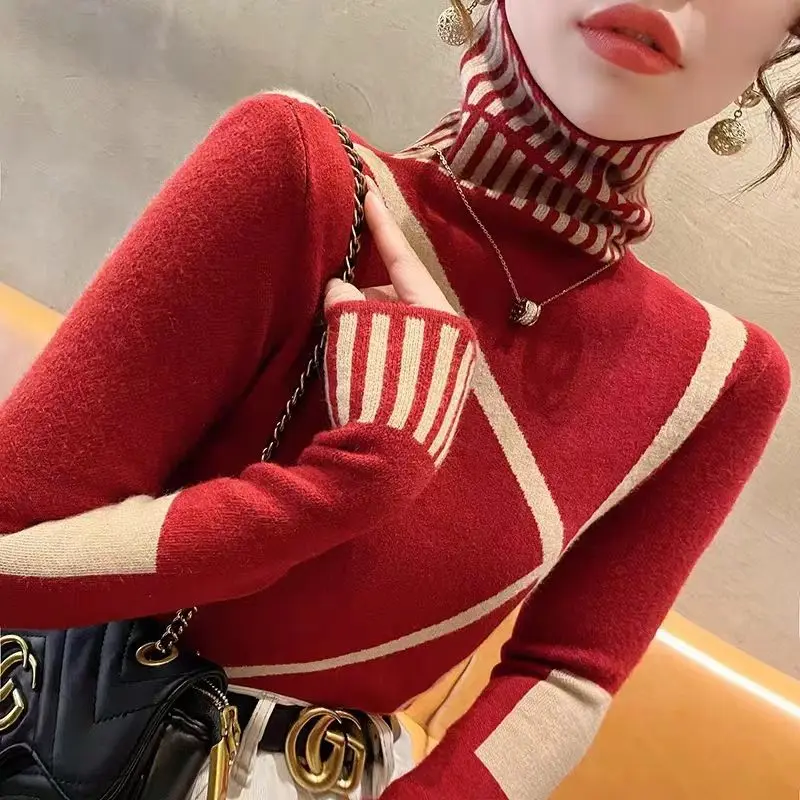 Fashion Contrast All-match Bottoming Shirt Autumn Winter New Long Sleeve Vintage Pullovers Sweaters Elegant Casual Women Clothes